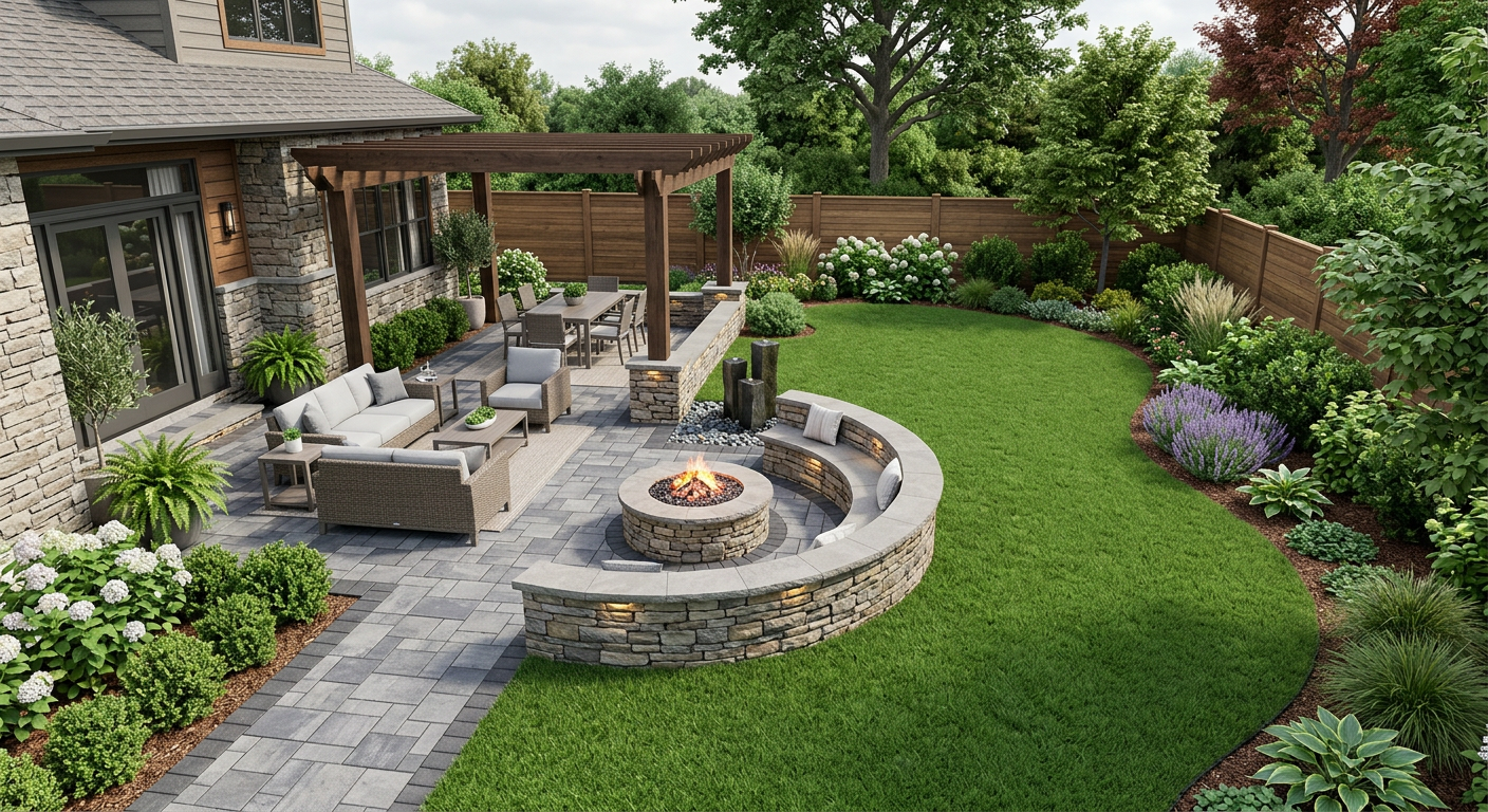 3D rendering of a backyard design with a pergola, fire pit, and paver patio