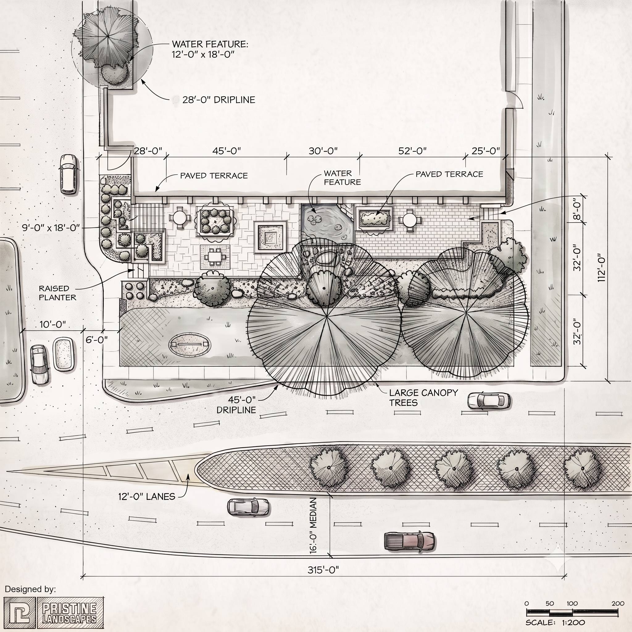 Hand-drawn Pristine Landscapes site plan showing paved terraces, a water feature, and large canopy trees